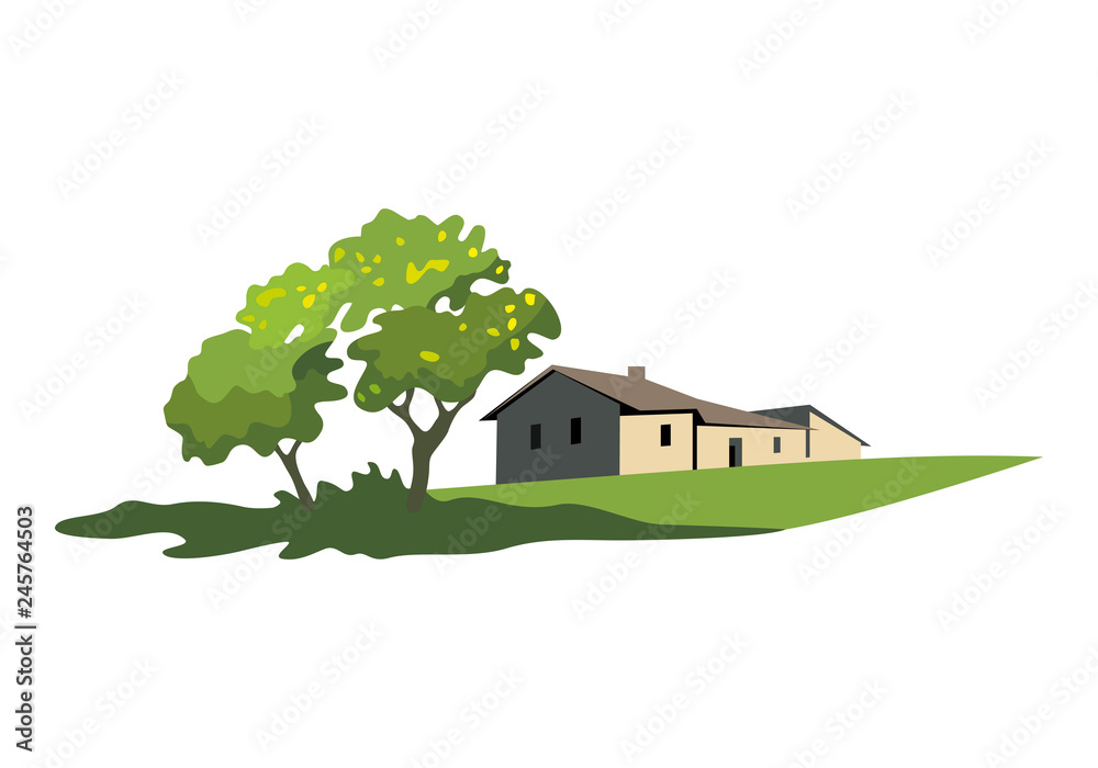 Rural landscape with house and tree. Concept country house vector illustration.