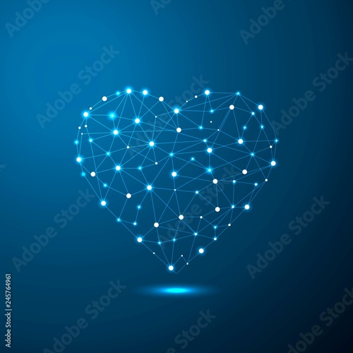 Abstract Heart icon form lines and triangles in low poly style consisting of points, lines, and shapes in the form of planets, stars and the universe