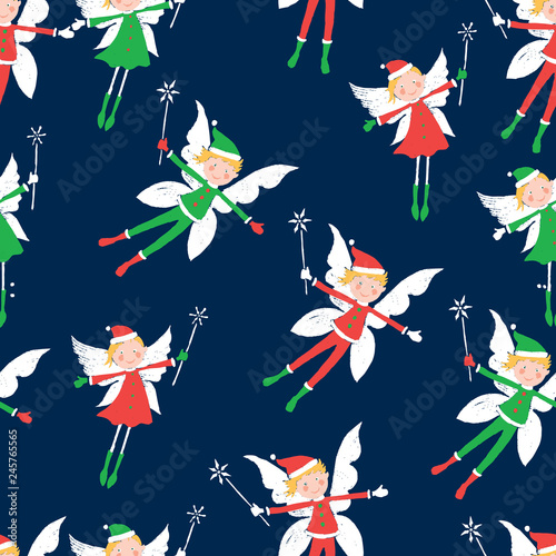 Seamless background of the flying cheerful elves