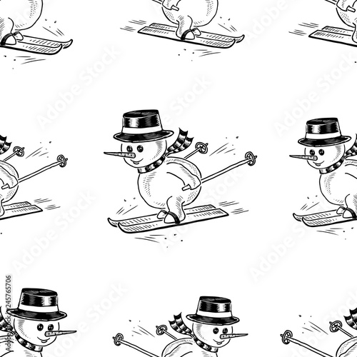 Seamless pattern of snowmen skiing