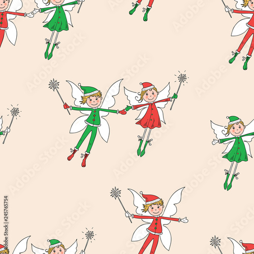 Seamless pattern of the flying cheerful elves