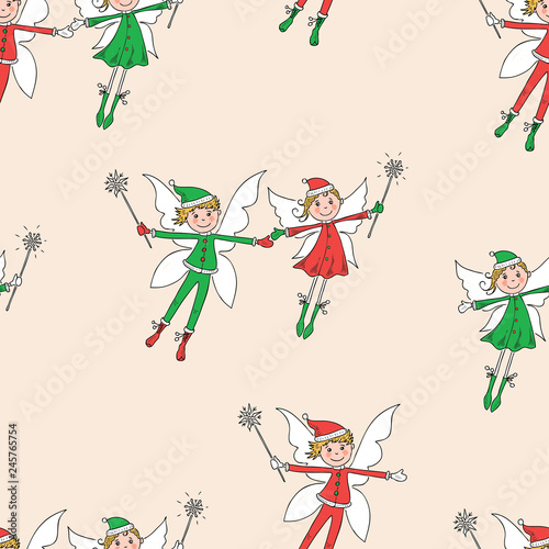 Seamless pattern of the flying cheerful elves © Amili