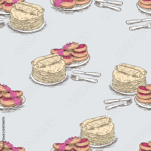 Vector background of sketches of pancakes and cheesecakes