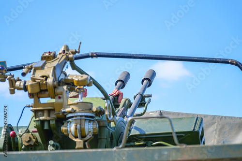 Double-barreled anti-aircraft gun in the back of car