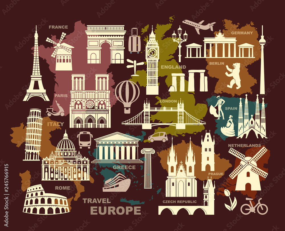 Obraz premium Collection of Europe detailed silhouettes. Set Travel Landmarks. vector illustration