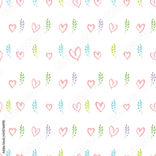 Vector seamless pattern spring branches and hearts. Romantic hand drawn graphics background. Trendy design concept for fashion textile print.