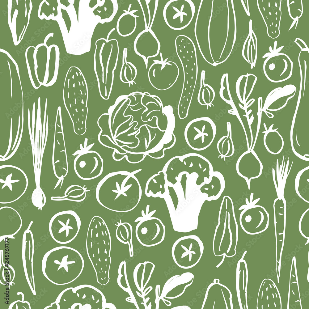 Hand drawn vegetables on green background.  Vector seamless pattern