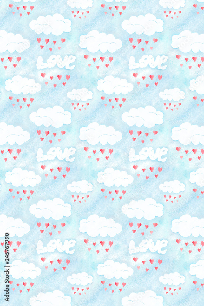 Saint Valentines day pattern, love clouds background. Romantic illustration with sky and hearts, watercolor hand drawn wallpaper, romantic decoration