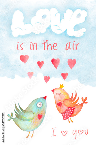 Saint Valentines day card cover with kissing birds and love is in the air phrase. Romantic illustration with watercolor hand drawn design, love symbol