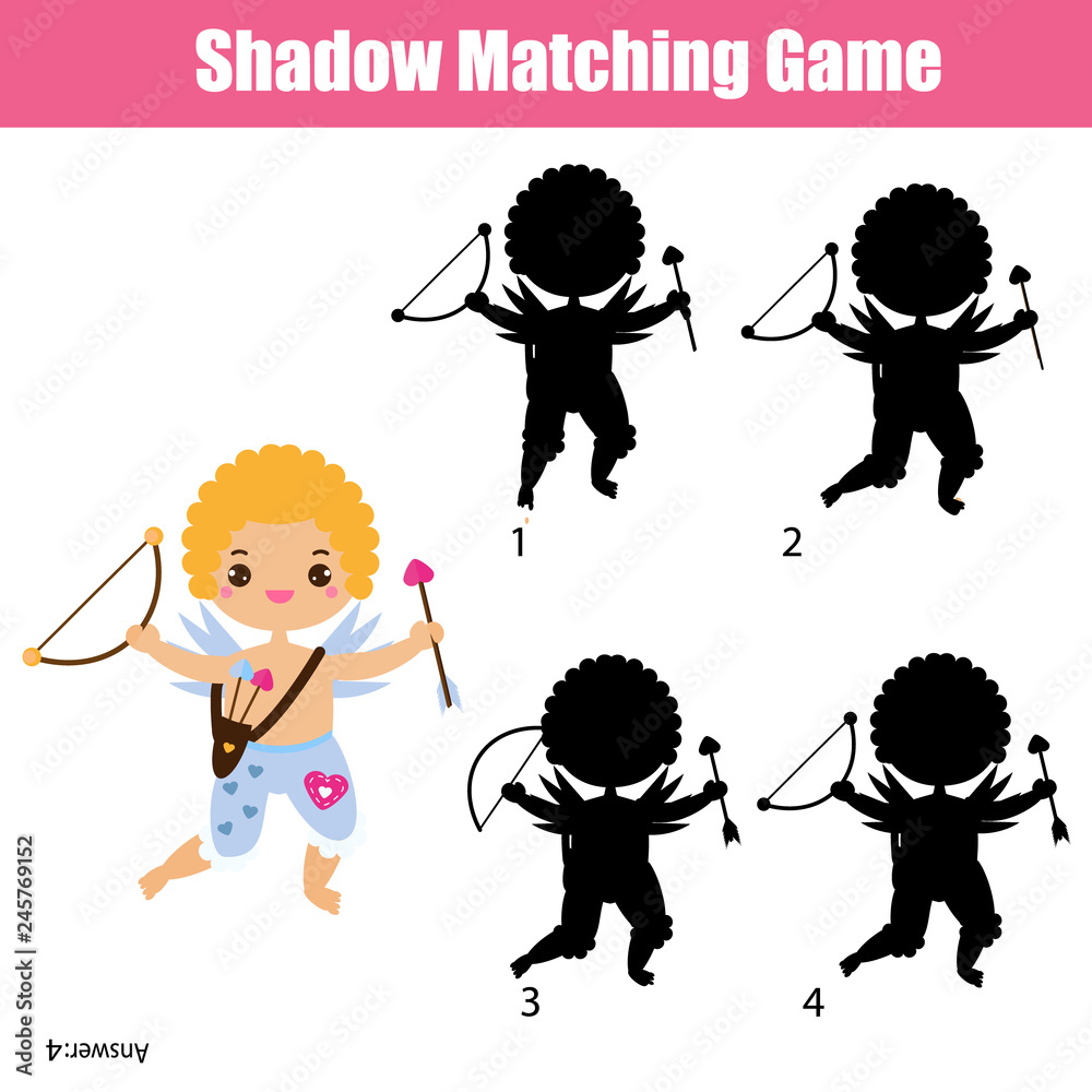 Shadow matching game. Cute Cupid. Kids activity. valentines day theme fun page for toddlers