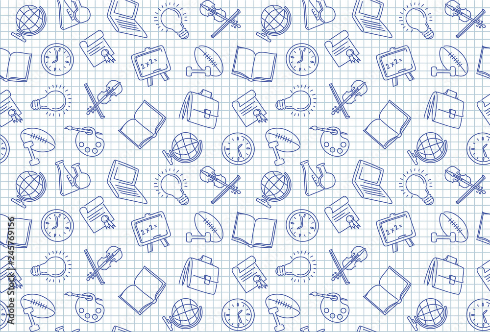 Seamless background on the school theme in the style of sketches on a notebook sheet
