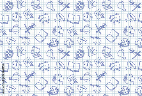 Seamless background on the school theme in the style of sketches on a notebook sheet
