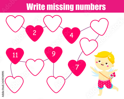 Mathematics educational game for children. Write the missing numbers. cute Cupid boy. St Valentines day theme fun for kids and toddlers
