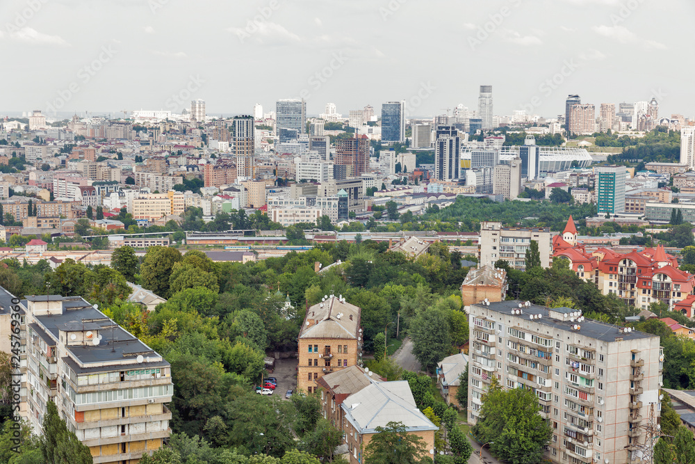 Kiev city skyline from above, downtown cityscape, capital of Ukraine.