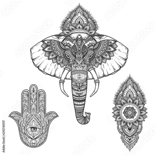 Ornate inked decorative elephant portrait, mehndi and hamsa set. tribal spiritual animal. Tattoo. Hand drawn vector illustration. .