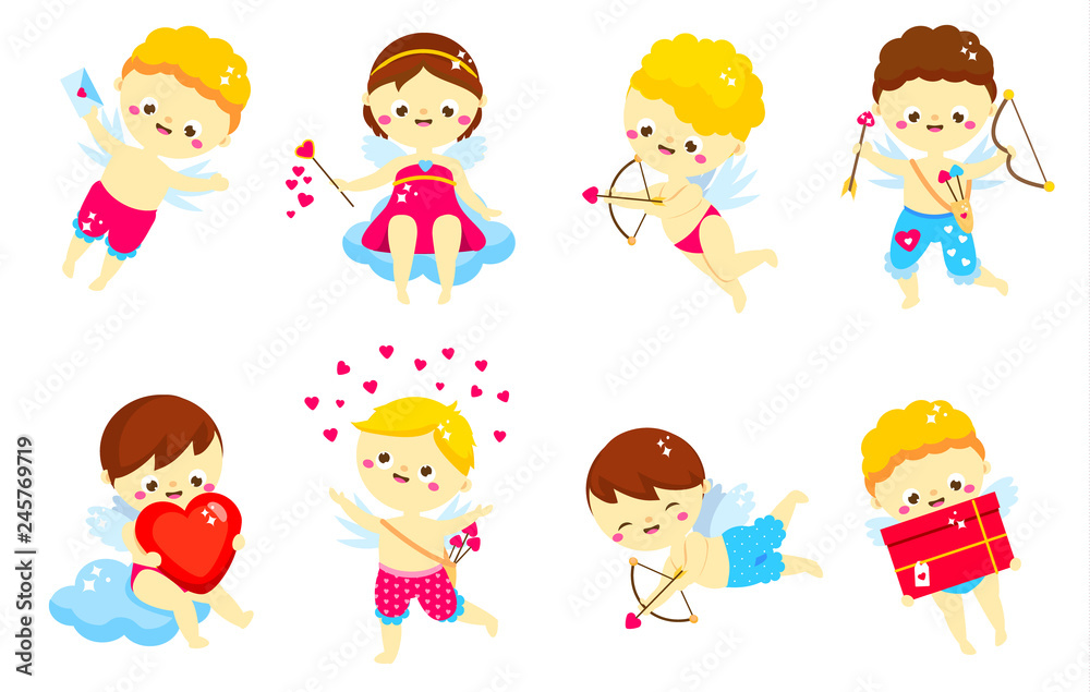 Cute Cupid set. Cartoon St Valentines day characters. Amur boys. Isolated angels in different poses for romantic valentines design