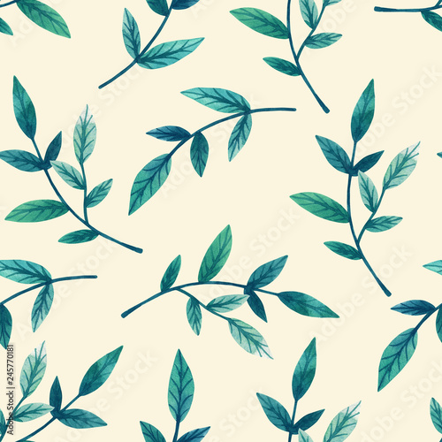 Decorative green leaves on branch on beige background. Seamless pattern. Hand drawn watercolor illustration.