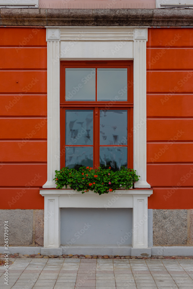 Colorful facade of modern building with window decorated with flowers