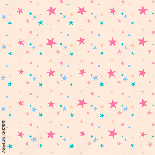 Colorful festive seamless pattern, abstract background with pink, blue circles and stars on beige. Infinity geometric pattern. Wrapping paper. Vector illustration. 