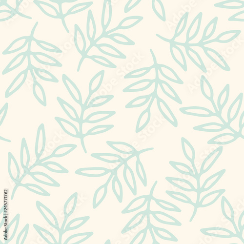 Floral seamless pattern with hand drawn doodle branches with leaves. Cute thin line summer ornament. Vector illustration.