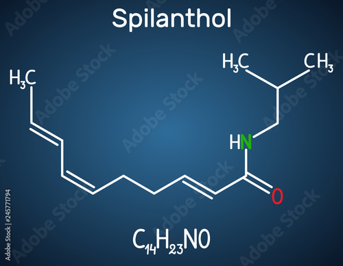Spilanthol molecule. It is a fatty acid amide, is used for the local anesthetic properties and in cosmetology.  Structural chemical formula on the dark blue background photo