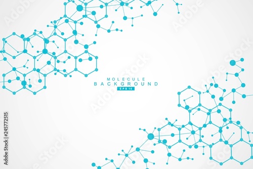 Structure molecule and communication. Dna, atom, neurons. Scientific concept for your design. Connected lines with dots. Medical, technology, chemistry, science background. Vector illustration.