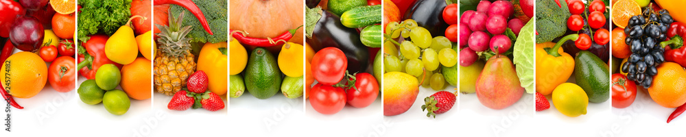 Collection fresh fruits and vegetables isolated on white background. Panoramic collage. Wide photo
