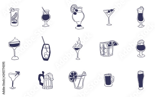 large selection of alcoholic drinks and shots doodle