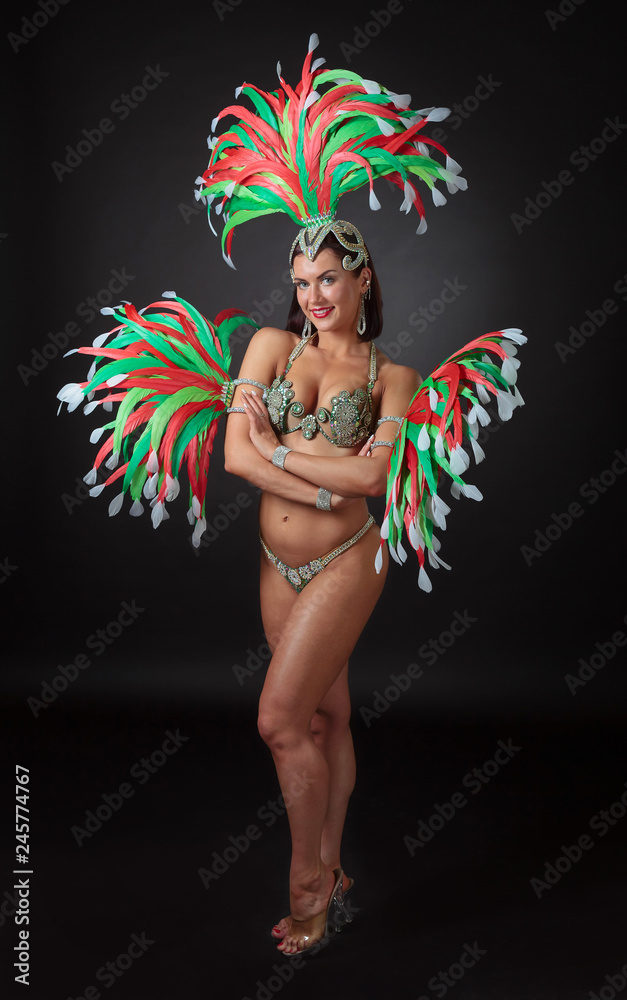 Attractive female cabaret dancer in sexy costume with red and green  feathers. Stock Photo | Adobe Stock