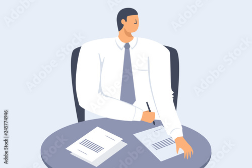A young businessman at the table signs contracts and ponders a business strategy. The concept of career growth. Vector flat illustration.