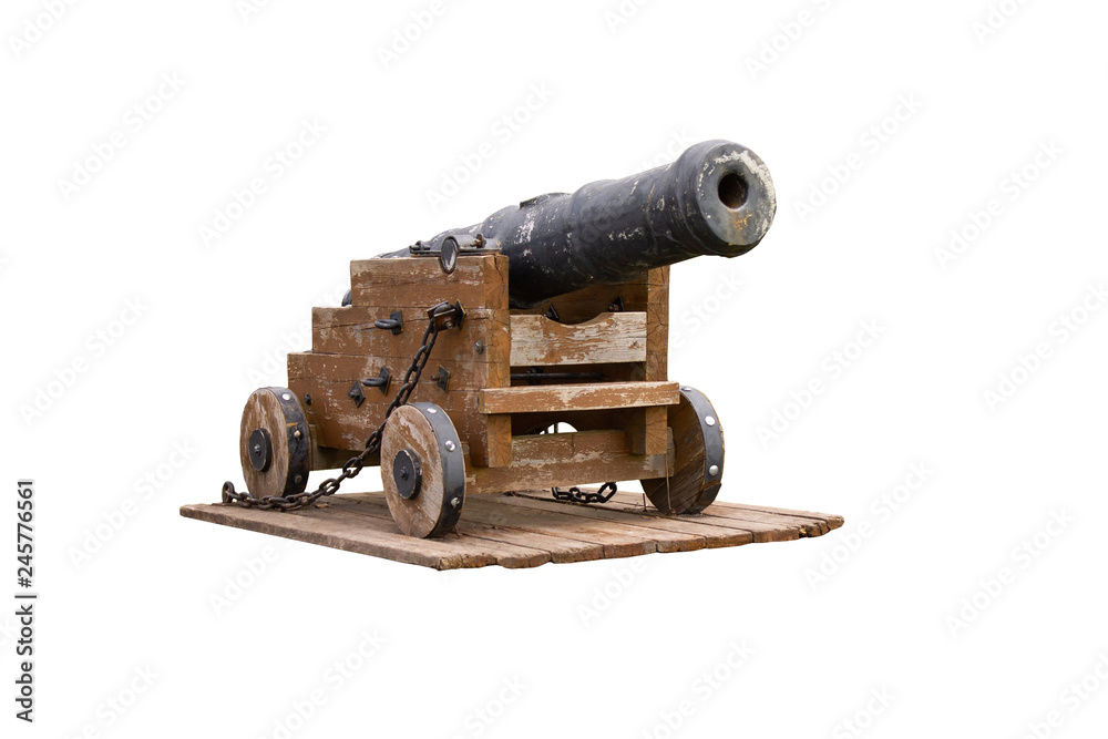 the old cast-iron cannon on a wooden stand