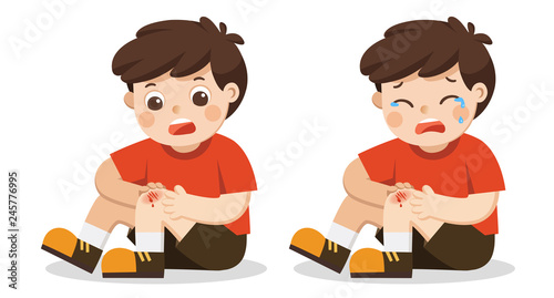 A Boy holding painful wounded leg knee scratch with blood drips. Child broken knee. Bleeding knee injury pain. Kid crying with scraped knee. vector illustration.