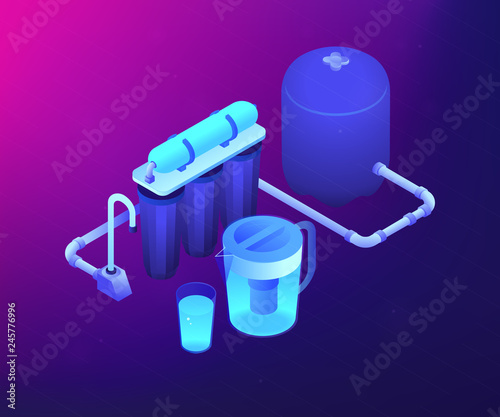 Purification filters cleansing liquid by lowering contamination. Water filtering system, home water treatment, water delivery service concept. Ultraviolet neon vector isometric 3D illustration.