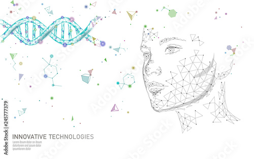 DNA molecule treatment cosmetic essence 3D. Low poly female face polygonal medical beauty care. Medicine gene helix structure vitamin anti-aging serum vector illustration