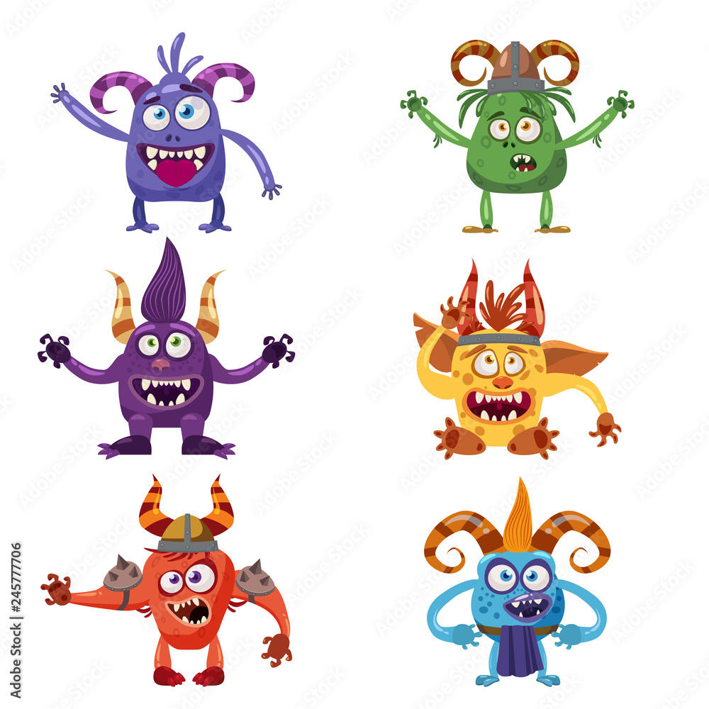 Set of cute funny characters troll, bigfoot, goblin, devil, yeti, imp, with  different emotions, cartoon style, for books, advertising, stickers,  vector, illustration, banner, isolated Stock Vector | Adobe Stock