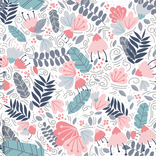 Vector botanical seamless pattern with tropical leaves, plants and berries. Big colorful flowers. Trendy color palette