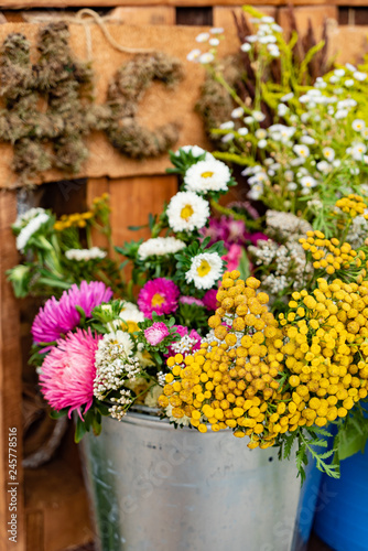 nice garden flowers in the metal bucket