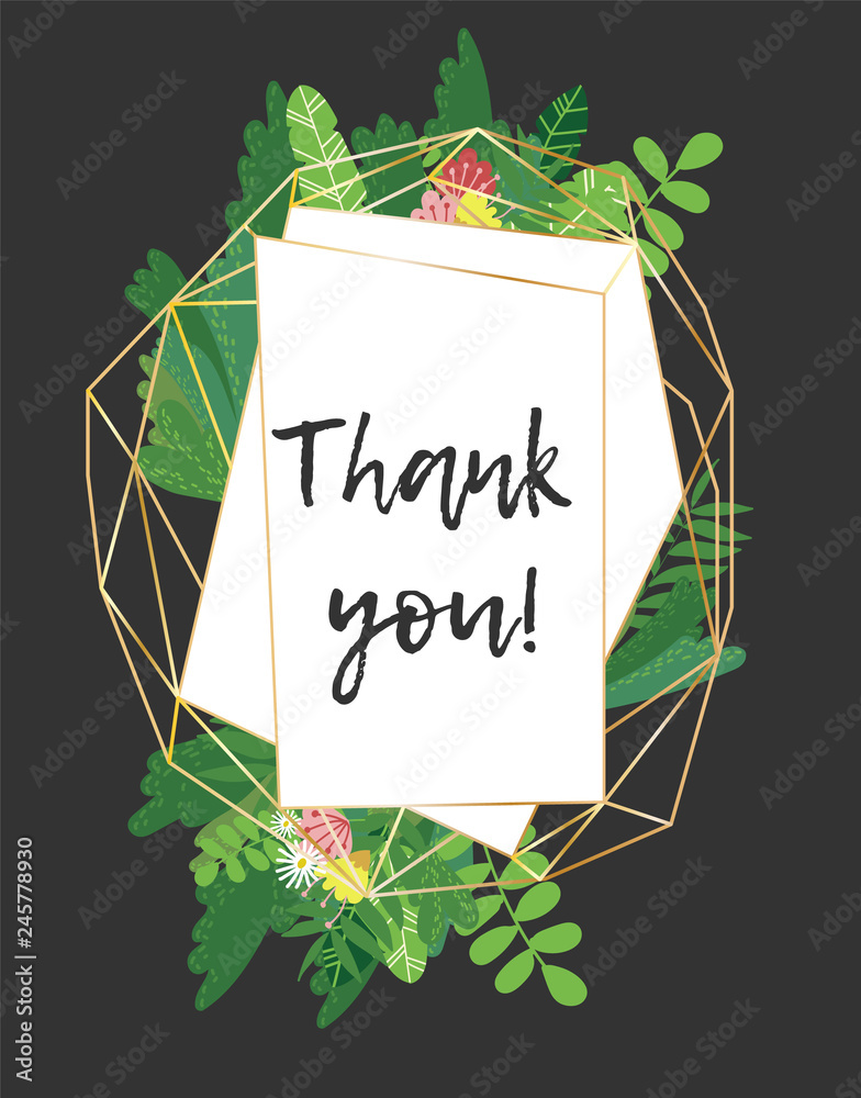 Vector thank you card decorated by golden frame and tropical green ...