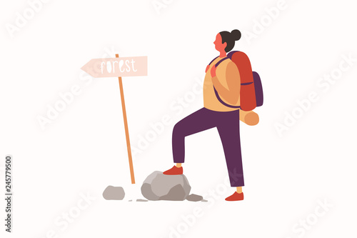 Concept of an active lifestyle, tourism. A young girl with a backpack on her back is looking at a signpost on a tourist trail. Vector illustration.