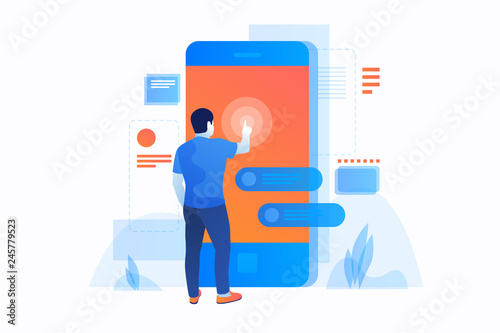 Concept of digital technology, social networks and dialogues through Internet. Young man is standing in front of smartphone screen and rewritten in chat. Vector flat illustration.