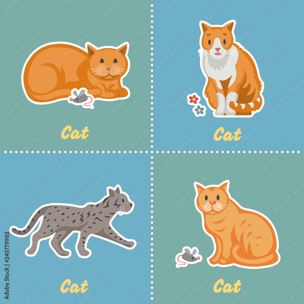 Cat cartoon set. Happy farming pet stickers collection. Kitten isolated.