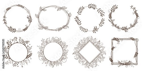 Floral frame. Round, rhombic and square frames. Border of flowers, herbs, twigs and leaves.