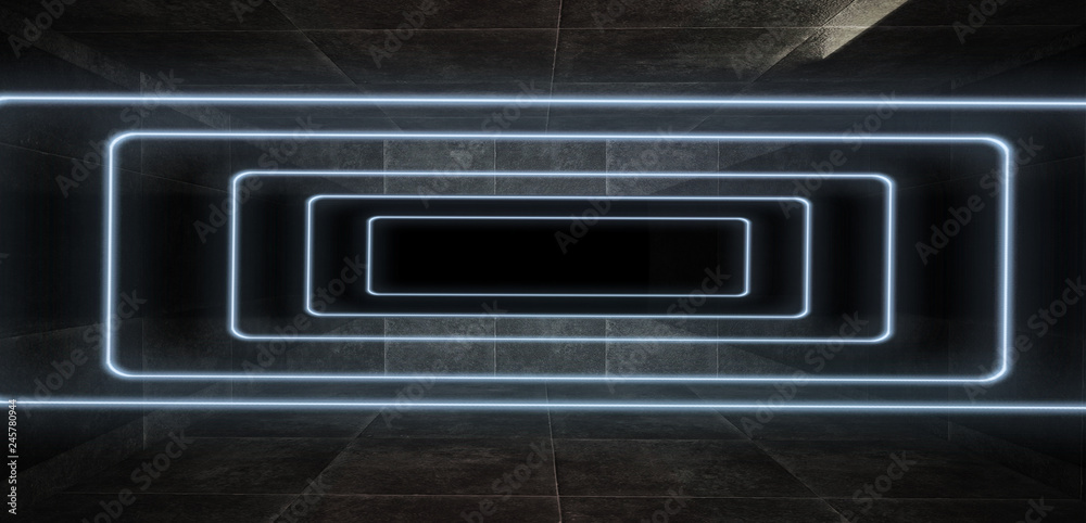 The background is an empty tunnel, the room is lit by neon light. Concrete covering, tile. Smoke. Laser square figure in the center of the room. 3D rendering The background is an empty tunnel, the room is lit by neon light. Concrete covering, tile. Smoke. Laser square figure in the center of the room. 3D rendering