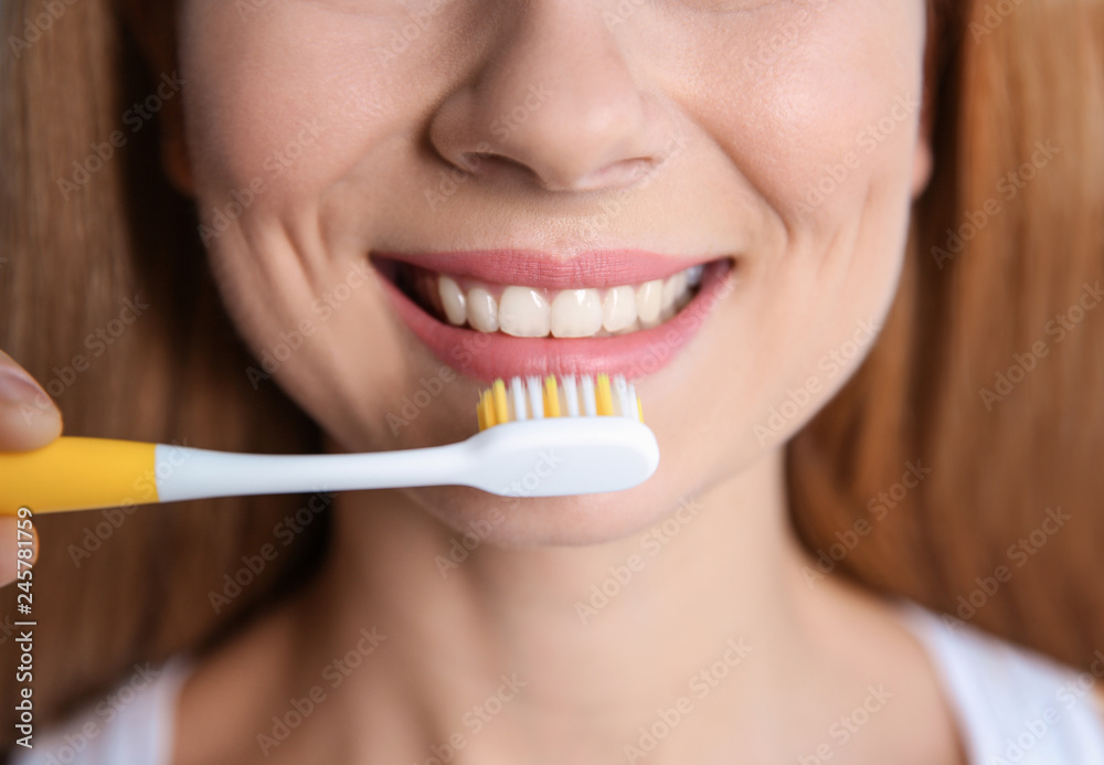 Smiling woman with toothbrush, closeup. Dental care Smiling woman with toothbrush, closeup. Dental care