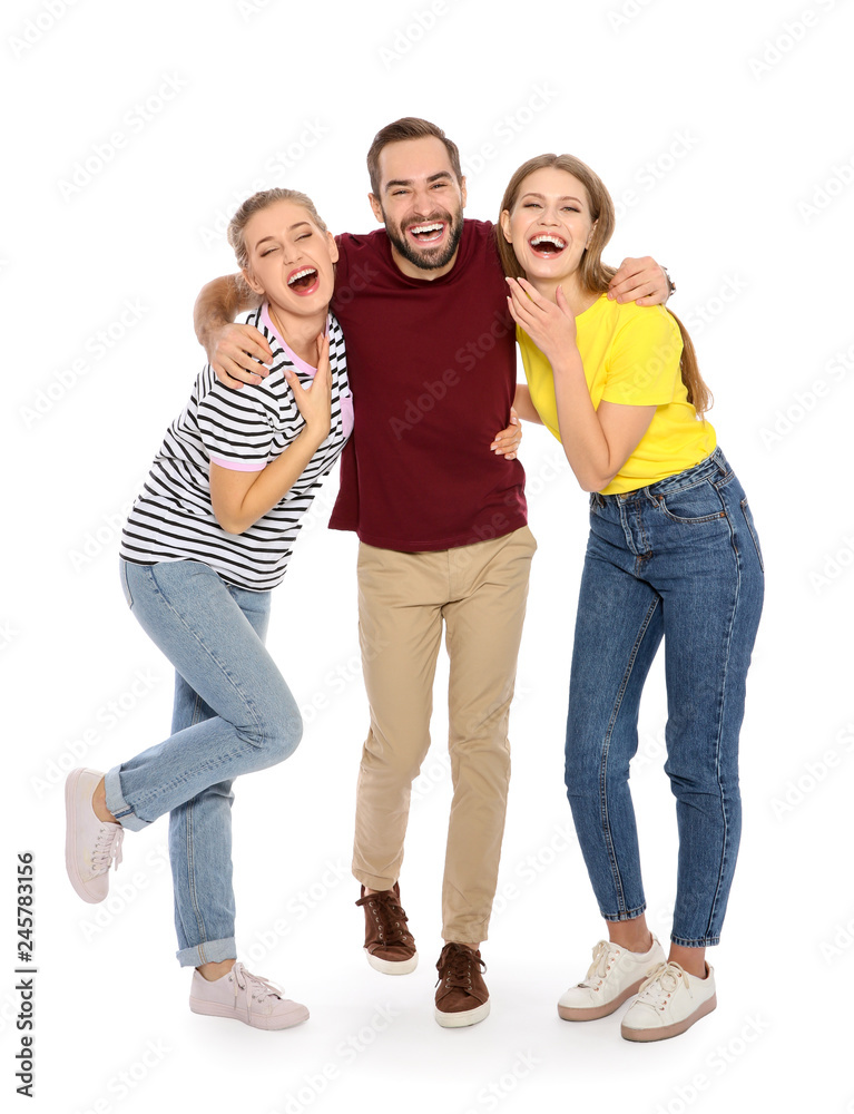 Full length portrait of young people laughing on white background Full length portrait of young people laughing on white background