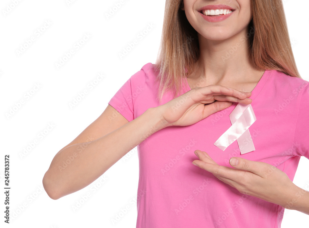 Woman with silk ribbon on white background, closeup. Breast cancer awareness concept Woman with silk ribbon on white background, closeup. Breast cancer awareness concept