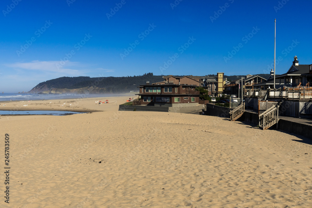 Houses almost in the sand of Cannon Beach, Oregon, USA.