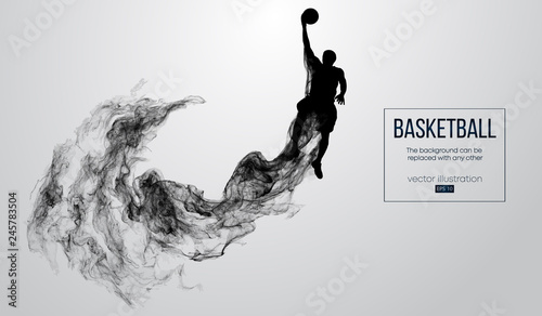 Abstract silhouette of a basketball player on white background from particles, dust, smoke, steam. Basketball player jumping and performs slam dunk. Background can be changed to any other. Vector
