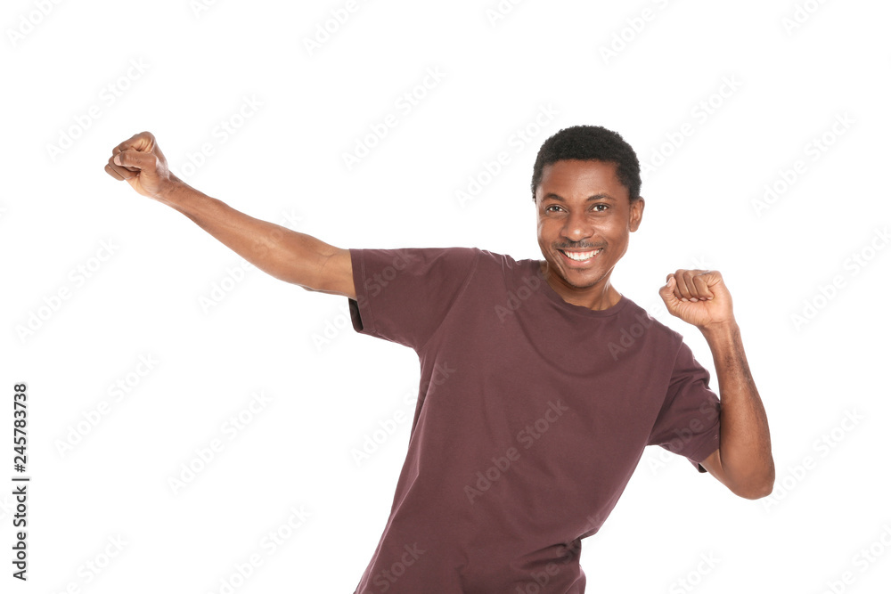 Portrait of emotional African-American man on white background Portrait of emotional African-American man on white background