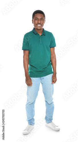 Full length portrait of African-American man on white background